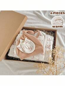 Loomiva Set 4 Potong untuk Bayi Baru Lahir Laki-laki/Perempuan: Jumpsuit Rajut Motif Kelinci Kartun Putih Lucu untuk Liburan Musim Dingin, Topi, Selimut Bedong & Sarung Tangan, Pakaian Musim Gugur dan Musim Dingin yang Lembut - MultiWarna - View 8