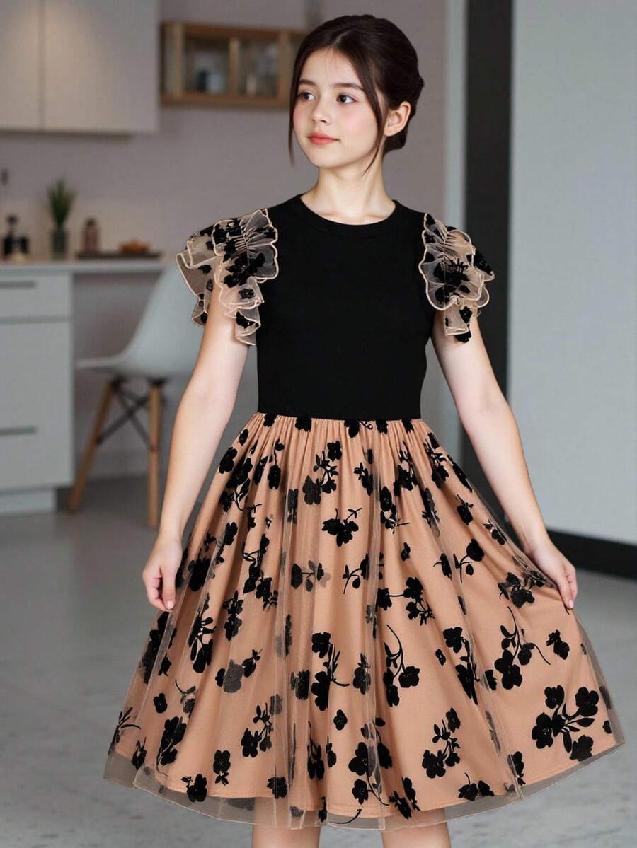 Tween Girl Floral Print Contrast Mesh Ruffle Trim Dress,Holiday Summer Travel - Multicolor - View 1