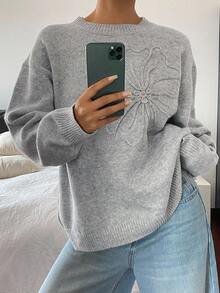 DAZY Damen Loose Fit Rundhals 3D Blumen Dekor Pullover Sweater Winter - Babyblau - Übersicht 4