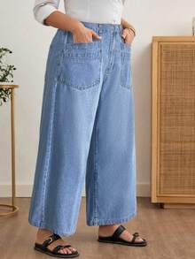 EMERY ROSE 大码女式高腰双口袋阔腿宽松休闲牛仔裤 - 淺色水洗藍 - 查看 3