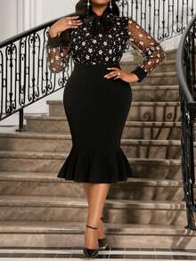 SHEIN Lady 加大码网眼拼布透明美人鱼下摆优雅长袖连衣裙 - 黑色 - 查看 8