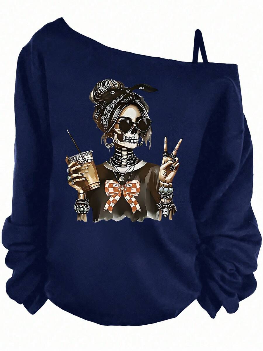 EMERY ROSE Plus Size Women Asymmetrical Shoulder Strap T-Shirt With Casual Minimalist Skull Girl Print, Suitable For Halloween, Back To School Season, Fall And Winter/Spring
