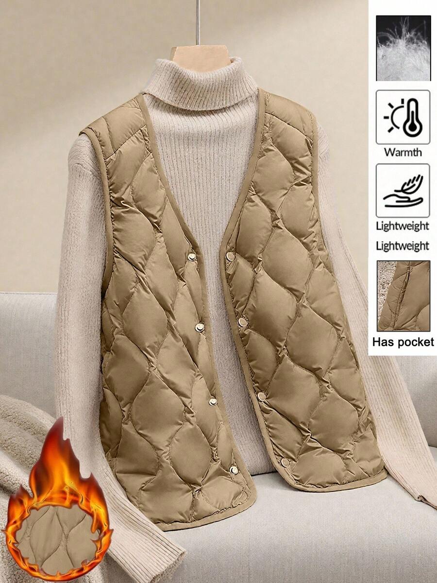 Linhara Áo vest cổ chữ V siêu nhẹ, thời trang tối giản, cỡ lớn, phù hợp cho mùa thu đông, có túi - Màu Khaki - Xem 1