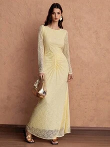 Islaluna Robe ajustée élégante en dentelle froncée pour femmes