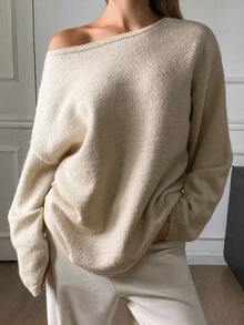 DAZY 女士纯色宽松长款灯笼袖圆领露肩休闲针织毛衣，秋冬 - 杏色 - 查看 4