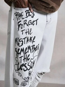 PAVTROS Jeans de pierna ancha con estampado de eslogan y efecto desgastado para hombre - Blanco - Ver 6