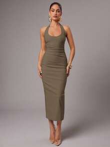 Silquee 女式纯白色露背吊带连衣裙，春夏 - 咖啡棕 - 查看 1