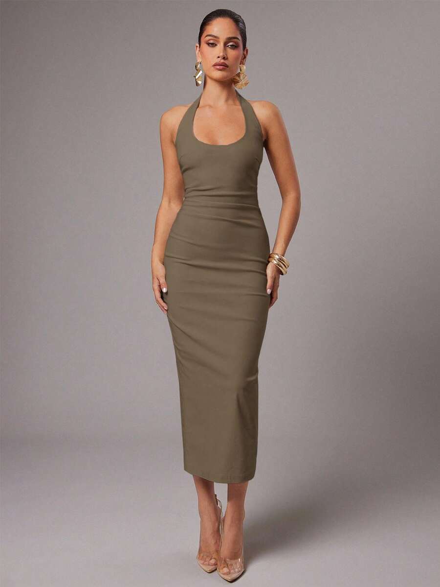 Silquee 女式纯白色露背吊带连衣裙，春夏 - 咖啡棕 - 查看 1