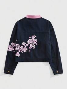 ROMWE MEN Casual 男士时尚花卉刺绣领拉链牛仔夹克 - 黑色 - 查看 2