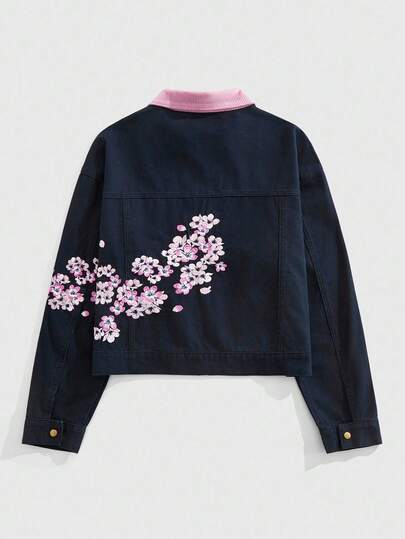 ROMWE MEN Casual 男士时尚花卉刺绣领拉链牛仔夹克