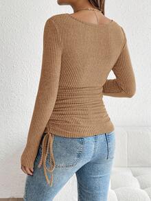 SHEIN Drawstring Ruched Maternity Solid Color Long Sleeve Casual T-Shirt Maternity Top Pregnancy Top Pregnancy Shirt Maternity Clothes Maternity Shirt - Coffee Brown - View 2