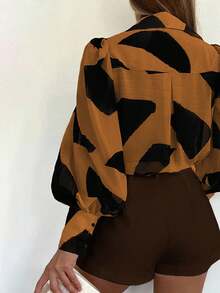 INAWLY Áo sơ mi nữ thời trang tay lỡ in họa tiết hình học cài khuy đơn - Cà phê nâu - Xem 3