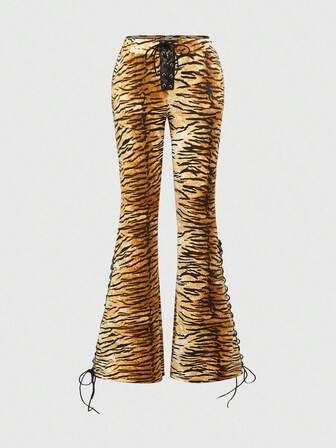 Grunge Punk Y2K sexy Tiger Muster PU Schnürung Dekor Tief sitzende Damenhose