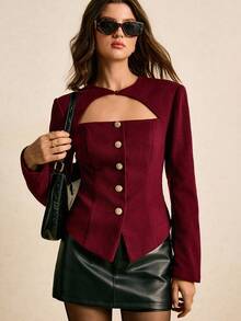 Poéselle 女士红色镂空羊毛大衣，配金属纽扣，适合派对、圣诞节、新年、感恩节等场合，秋冬季保暖舒适，日常穿着、外出、通勤皆宜。 - 酒紅色 - 查看 1