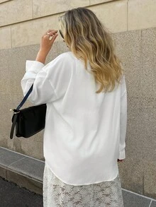 Auralis Conjunto de 2 piezas de blusa de unicolor y falda de encaje para talla grande, casual y de uso diario - Blanco - Ver 2