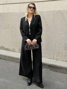 Auralis Plus Size Women Solid Color Lapel NeckLong Sleeve Jacket And Pants Casual Suit Set, Autumn Fall/Winter - Black - View 3