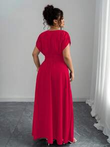 Elenzga Waist Embroidery,Paisley Print,V-Neck,Ruched Shoulders,Cinched Waist,Elegant - Rose Red - View 2