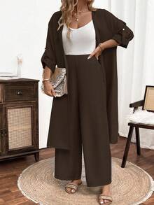 EMERY ROSE Plus-Size Ladies' Woven Leisure Vacation Summer Two Pieces Set - Brown - View 3