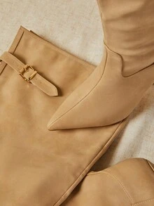 SHUZIA Glamouröse Damen Beige PU Overknee Slouch Spitzschuh High Heel Stiletto Sexy Winter Schnallen Riemen Stiefel Urlaub