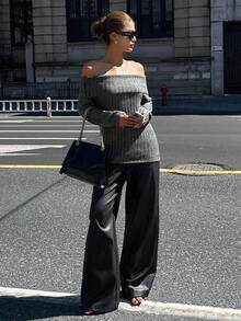 Livesso Women's Sexy Off Shoulder Ribbed Knit Sweater, Fitted Silhouette, Casual & Fashionable, Suitable For Autumn & Winter - Grey - View 4