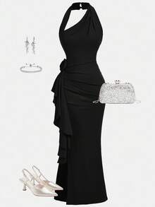 Girlism 少女无袖紧身不对称下摆开衩派对圣诞晚礼服 - 黑色 - 查看 1