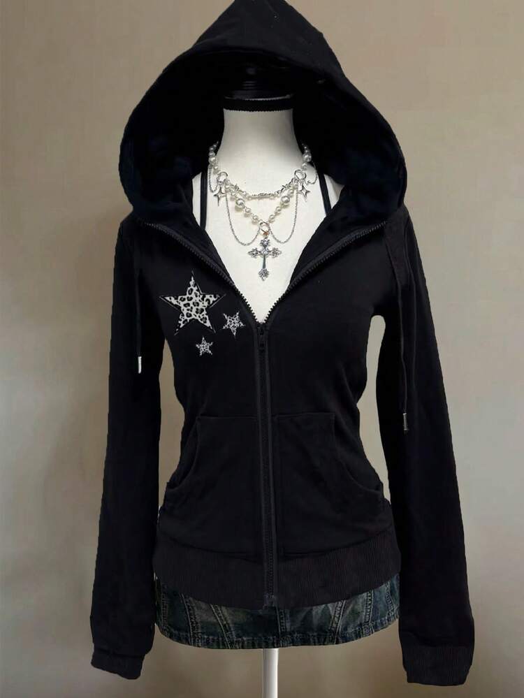 Attitoon Casual Vintage Style Leopard Print & Star Pattern Loose Fit Hooded Long Sleeve Sweatshirt For Women, Suitable For Autumn/Winter, Vintage, Sexy, Cute, Y2K, Coconut Girl, Boho, Hippie, Music Festival, Fall, Zip Up Sweatshirt Women, Zip Up Sweatshirt For Women - Black - View 1