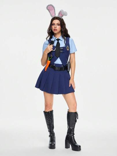 ROMWE Avant 3 pièces Costume de cosplay de l'officier Judy Hopps, Anime/Comic Con, Tenue d'Halloween pour femmes