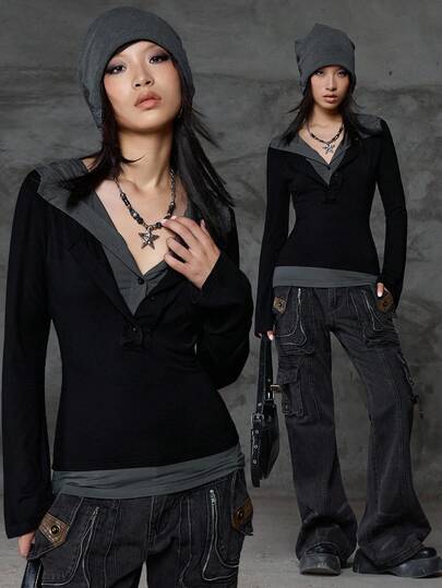  Bloopia 韩版活力女装秋冬万圣节休闲通勤畅销修身长袖拼接多层连帽卫衣上衣