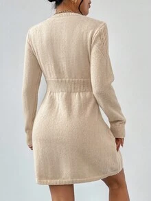 EMERY ROSE 女士休闲纯色腰部收紧圆领长袖毛衣连衣裙 - 杏色 - 查看 2