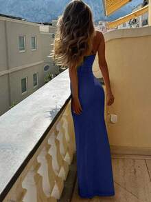 INAWLY Fitted Sexy Plunging Neck Ruched Slit Criss-Cross Strap Dress - Royal Blue - View 2