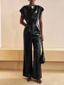 Zivah Black,Autumn,Elegant,Evening PU Jumpsuit,Women's Street Draped Neck Jumpsuit With Shoulder Pads Metal Decor Button,Western Style Versatile Party Wear - Black - View 7