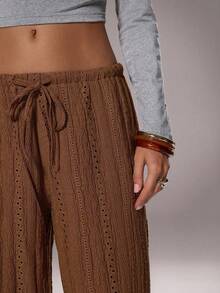 SHEIN Unity 1pc Women's Brown Low-Waist Drawstring Pants,Hollow Knit Jacquard Design Fabric,Loose Wide-Leg Comfortable Casual Autumn,Boho,Vacation,Holiday Pants - Coffee Brown - View 6
