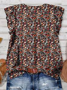 SHEIN LUNE 女式碎花休闲衬衫，适合夏季碎花衬衫荷叶边袖衬衫女式碎花衬衫碎花上衣女式秋季服装别致女式衬衫 - 彩色 - 查看 2