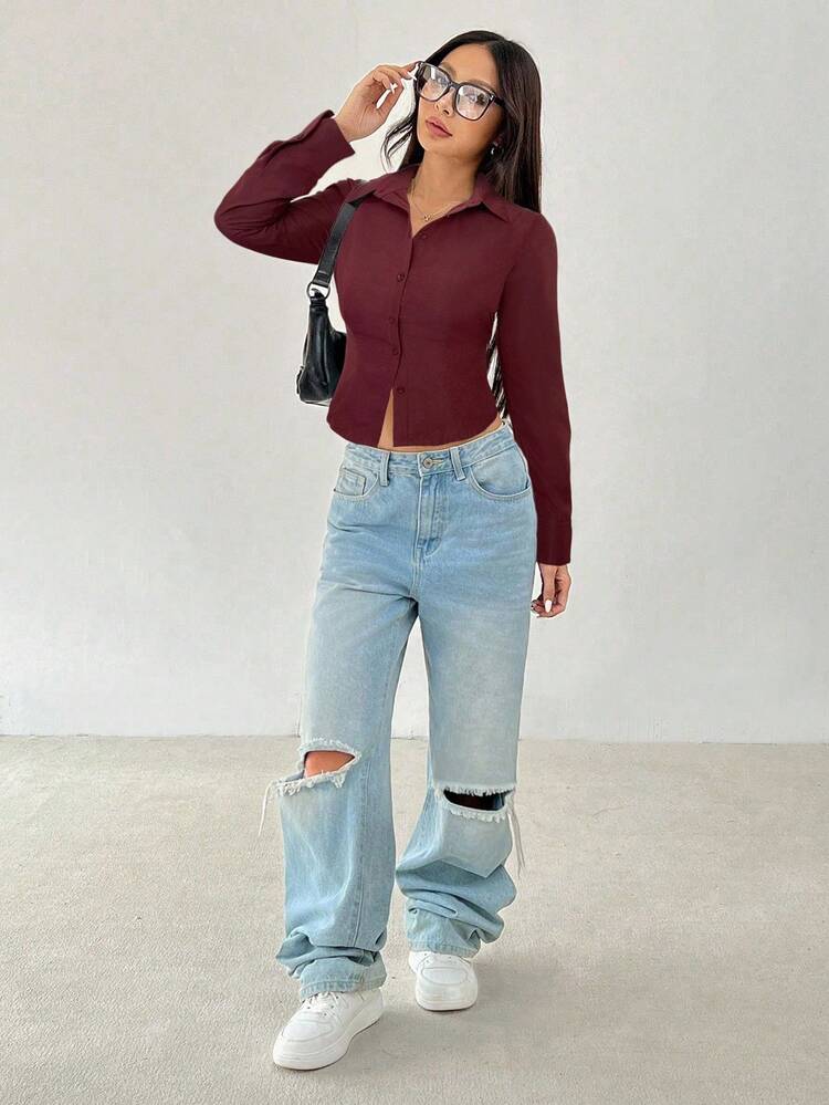 SHEIN PETITE Camisa básica casual de manga larga con cintura ceñida - Burdeos - Añade 3