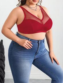 SHEIN CURVE+ 大码纯色网眼插入式无钢圈弧形文胸夏季/乡村/海滩度假装/沙滩装/沙滩装 - 酒紅色 - 查看 6