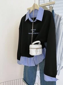 INAWLY Sudadera casual de manga larga con estampado de letras y rayas para mujer