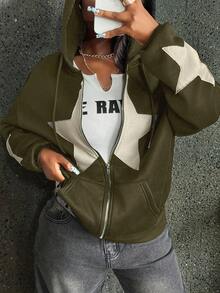 INAWLY Women's Star Patchwork Drop Shoulder Loose Zip Up Drawstring Hoodie, Spring & Autumn,Long Sleeve Top,Graduation,Teacher,Back To School Pullover Fall - Army Green - View 4