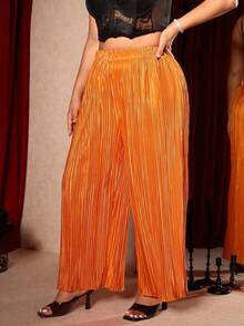 SHEIN PETITE CURVE 大码女装新款高腰宽松直筒休闲阔腿百褶裤，夏季 - 橘色 - 查看 4