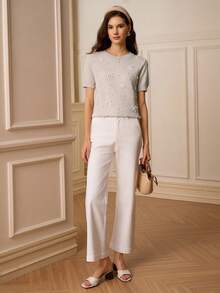 Omancia Women's Beaded Embroidered 3D Floral Casual Gentle Knit Short Sleeve Top, Suitable For Christmas, New Year, Thanksgiving, Halloween, Autumn/Winter