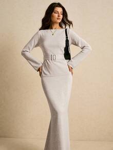 Poéselle Damen Einfarbiges Lässig Langarm Top und Rock Pullover 2-teiliges Set