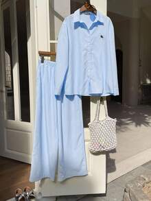 Comfortcana 女士新款条纹刺绣宽松上衣和裤子套装 - 藍色 - 查看 3