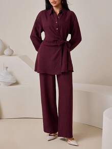 Veilorie 女式休闲纯色衬衫和裤子两件套 - 酒紅色 - 查看 7