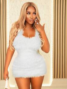 Mistrie Vestido sexy con cuello en U, espalda descubierta y detalle de lazo, de felpa larga para mujer - Perfecto para citas, fiestas, festivales de música y vida nocturna