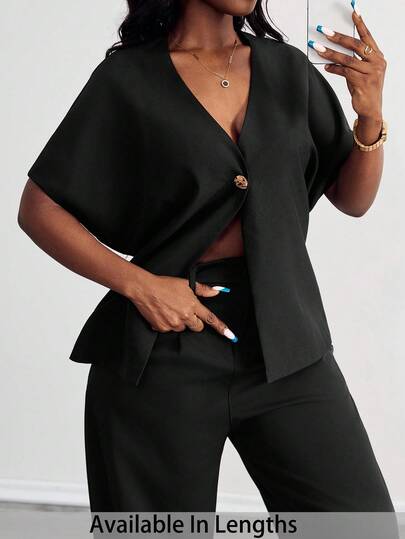 SHEIN PETITE CURVE 大码夏季复活节商务休闲女式优雅通勤外出西装外套，适合办公室、教堂、机场等场合，复古风格纯色蝙蝠袖单扣薄款西装外套，秋冬季必备。