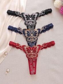 SHEIN 3pcs/Pack Women's Low Waist Lace Thong Panties, Random Heart Pattern - Multicolor - View 1