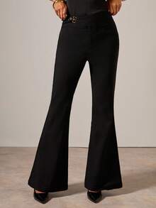 COSMINA Women's Solid Color Waist Buckle Design Elegant & Fashionable Flare Pants, Black Flare Pants