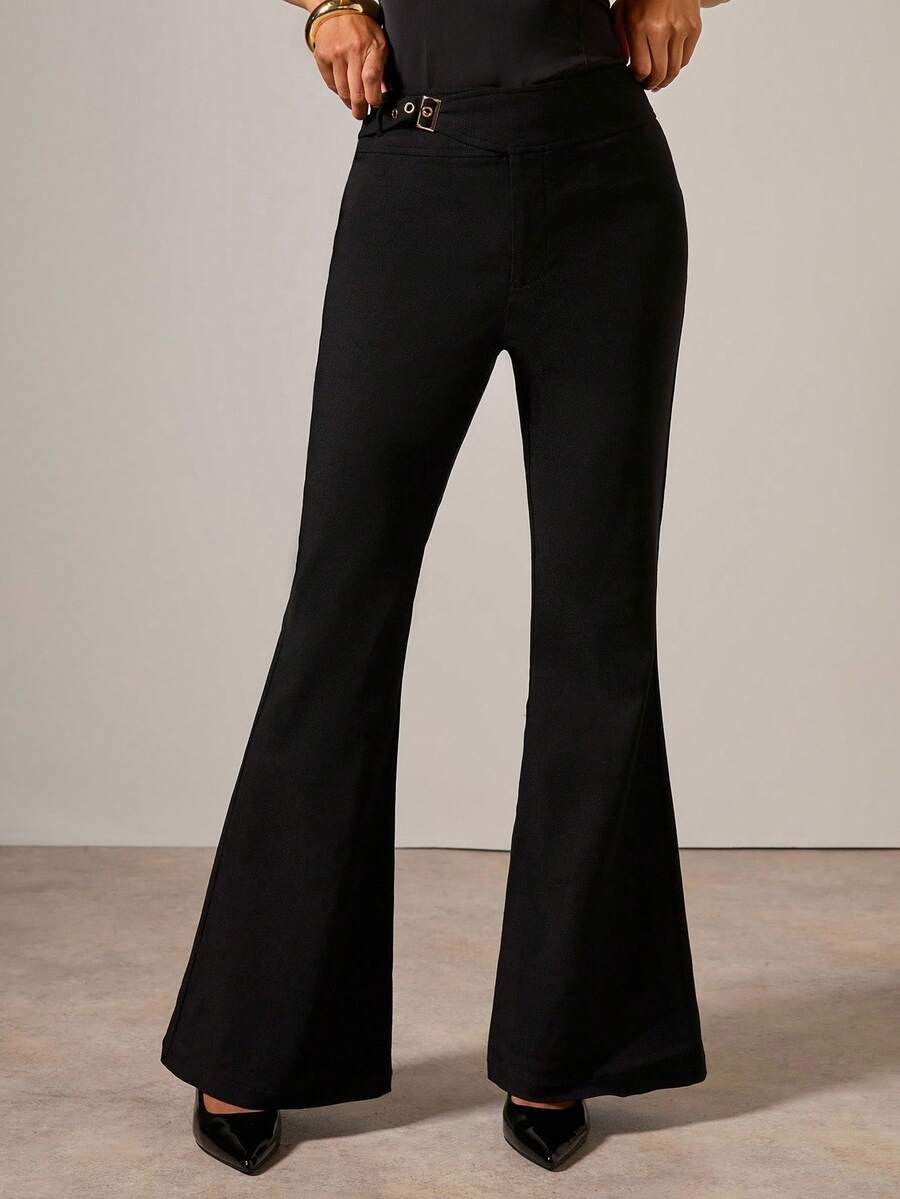 COSMINA Women's Solid Color Waist Buckle Design Elegant & Fashionable Flare Pants, Black Flare Pants
