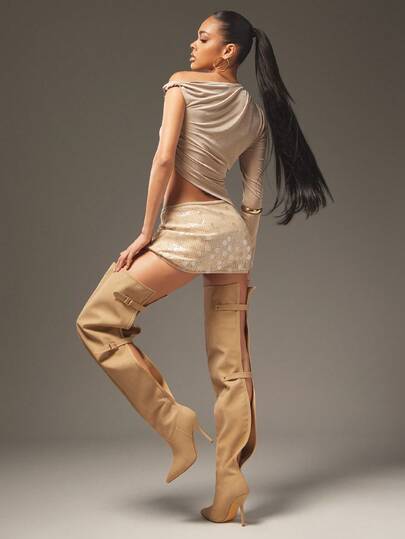 SHUZIA 魅力女士米色PU过膝休闲尖头高跟细高跟性感冬季扣带靴子假日