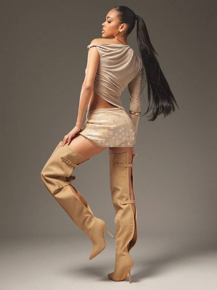 SHUZIA 魅力女士米色PU过膝休闲尖头高跟细高跟性感冬季扣带靴子假日 - 米色 - 查看 1