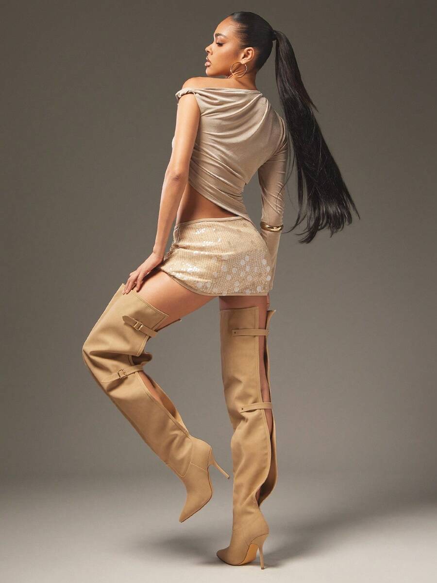 SHUZIA Glamouröse Damen Beige PU Overknee Slouch Spitzschuh High Heel Stiletto Sexy Winter Schnallen Riemen Stiefel Urlaub